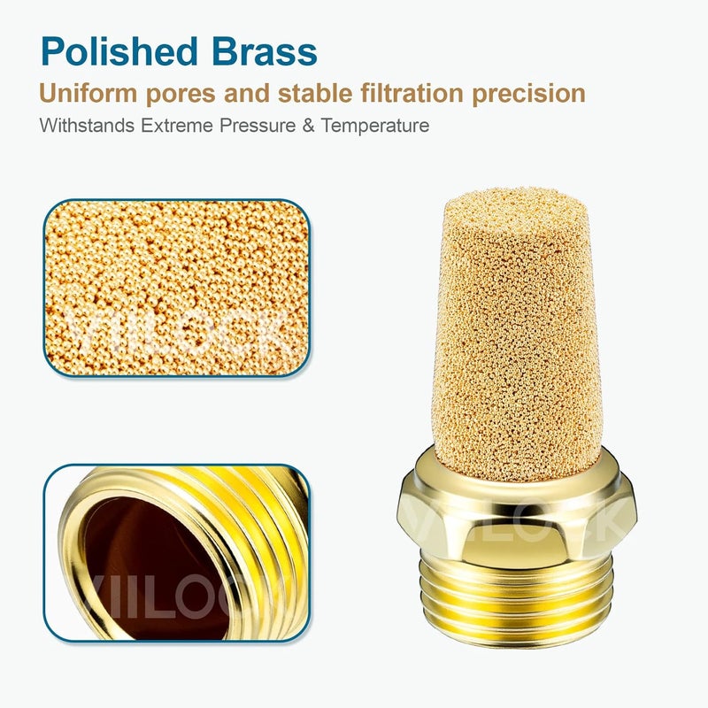 VIILOCK Brass Pneumatic Mufflers, 3/8" NPT Male Thread Hex Sintered Exhaust Muffler Silencer Air Fitting (Pack of 10, N3) - Image 3